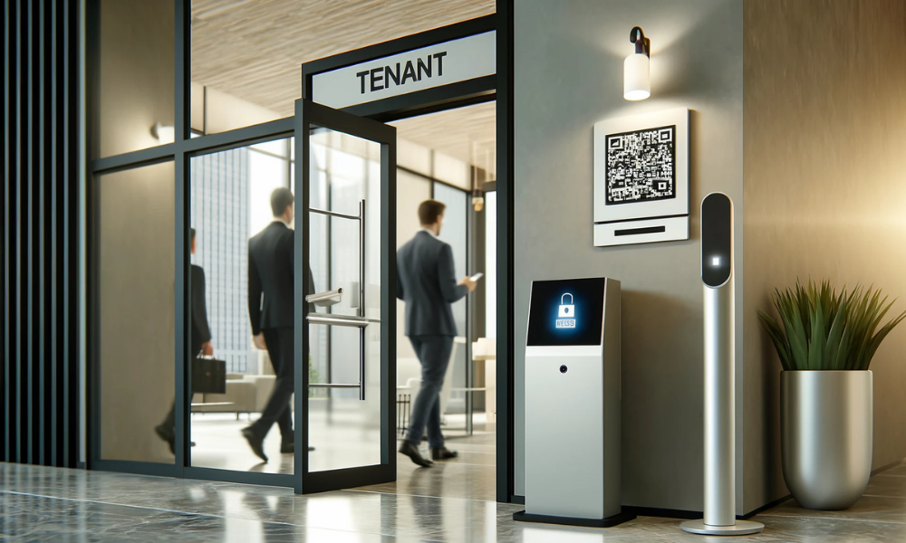 セキュリティゲートに設置されたQRコードリーダーを使って、社員の入場記録を管理するシステムを説明するイメージ図