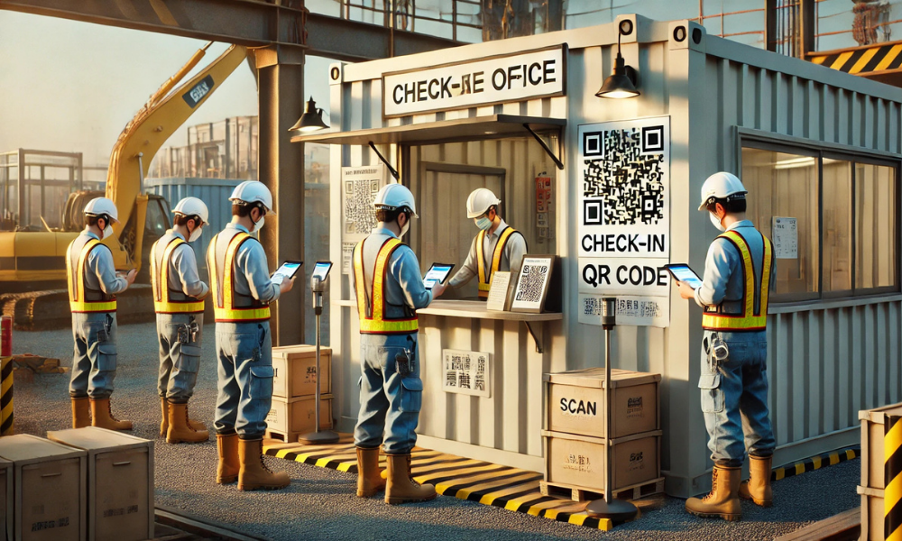 現場入場口に掲示されたQRコードを、朝現場に到着した作業が自分のスマートフォンを使ってQRコードを読み取っている風景