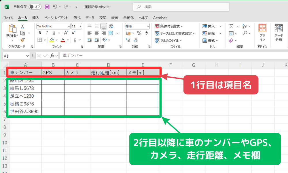 車両にリストをExcelで作成