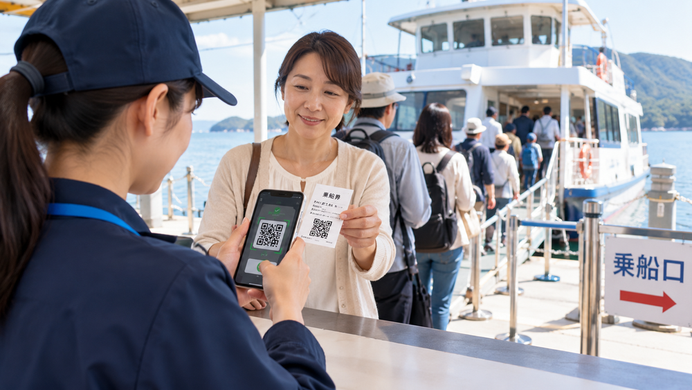 入場口、乗船口、引換窓口、納品先などでQRコードを読み取り、クラウド上の情報を確認します。