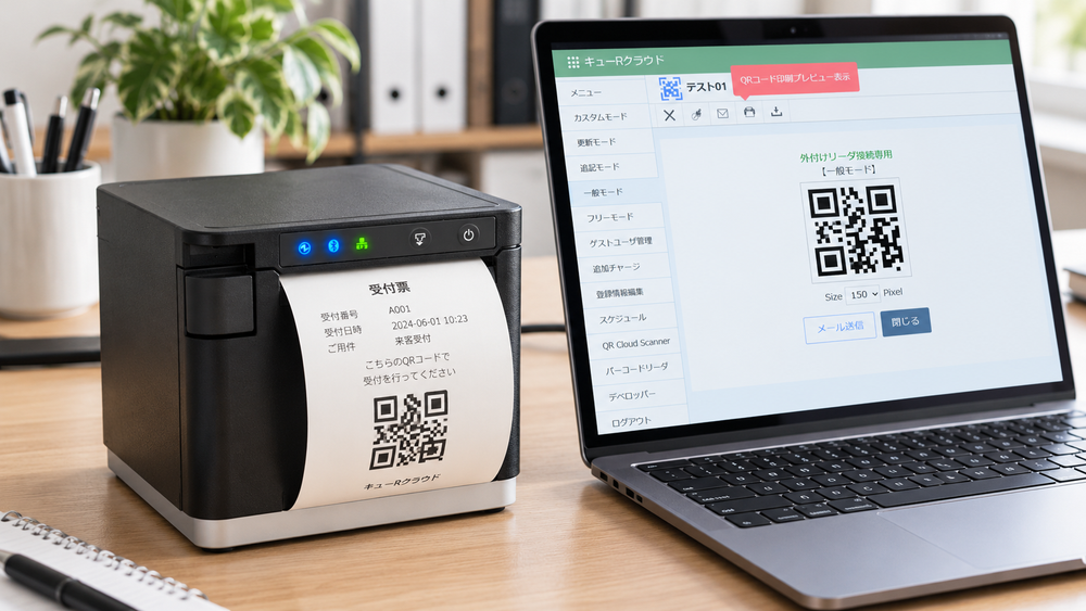 対応レシートプリンタからQRコード付きレシートが印刷され、隣にPCまたはタブレットが置かれている実機写真。