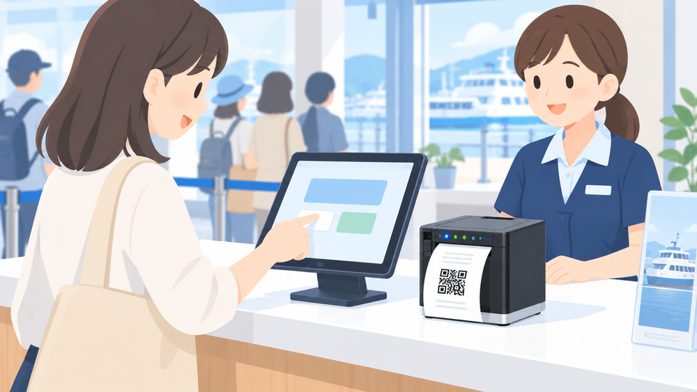 来訪者が受付カウンターのタブレットに触れ、隣のレシートプリンタからQR付き整理券が出る様子。