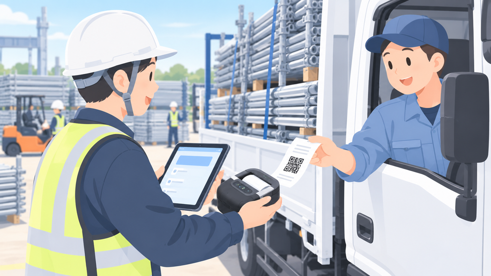 建設用足場資材を積んだトラックが停まる屋外ヤードで、作業スタッフがタブレットと携帯型Bluetoothレシートプリンタを使用し、ドライバーにQR付き伝票を渡す。