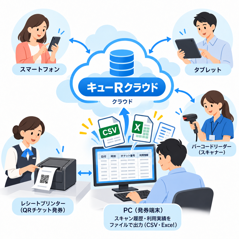 キューRクラウドのQR管理画面、読取履歴一覧、CSV出力例を実データではなくダミーデータで示す。現時点で実在する画面のみ採用し、個別集計の完成画面を捏造しない。