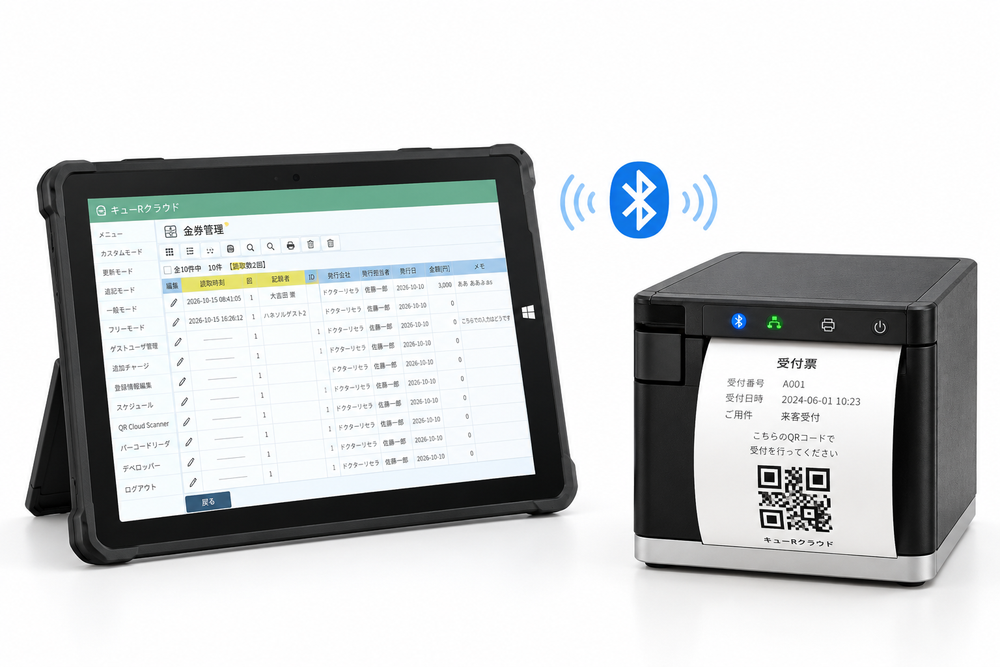 タブレットとBluetooth接続の携帯型プリンタを並べた実際の検証機器写真を使い、ケーブル接続と無線接続の違いを明示。