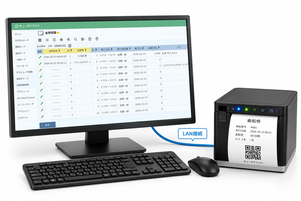 左にWindows PCとLAN接続のスター精密レシートプリンタで実際の検証機器写真を使い、ケーブル接続と無線接続の違いを明示。